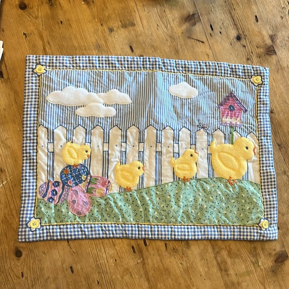 Placemats Blossoms & Blooms Springtime Easter  Appliquéd Blue Gingham Chicks